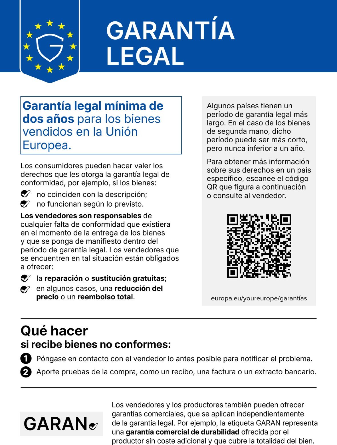 Gesetzliche Gewährleistung: Beim Kauf von Waren in der EU gilt ein gesetzliches Gewährleistungsrecht von mindestens zwei Jahren. Der QR-Code führt zu weiteren Informationen im Portal „Ihr Europa“.