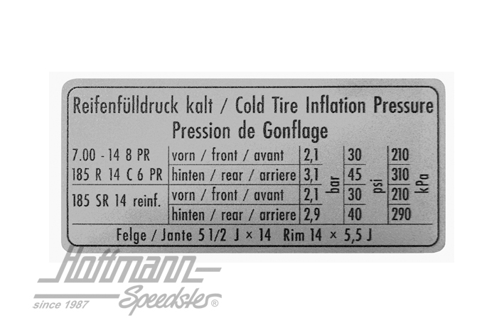 Pegatina "Reifendruck" (presión del neumático), Furgoneta T2 |  | 021-0197-10
