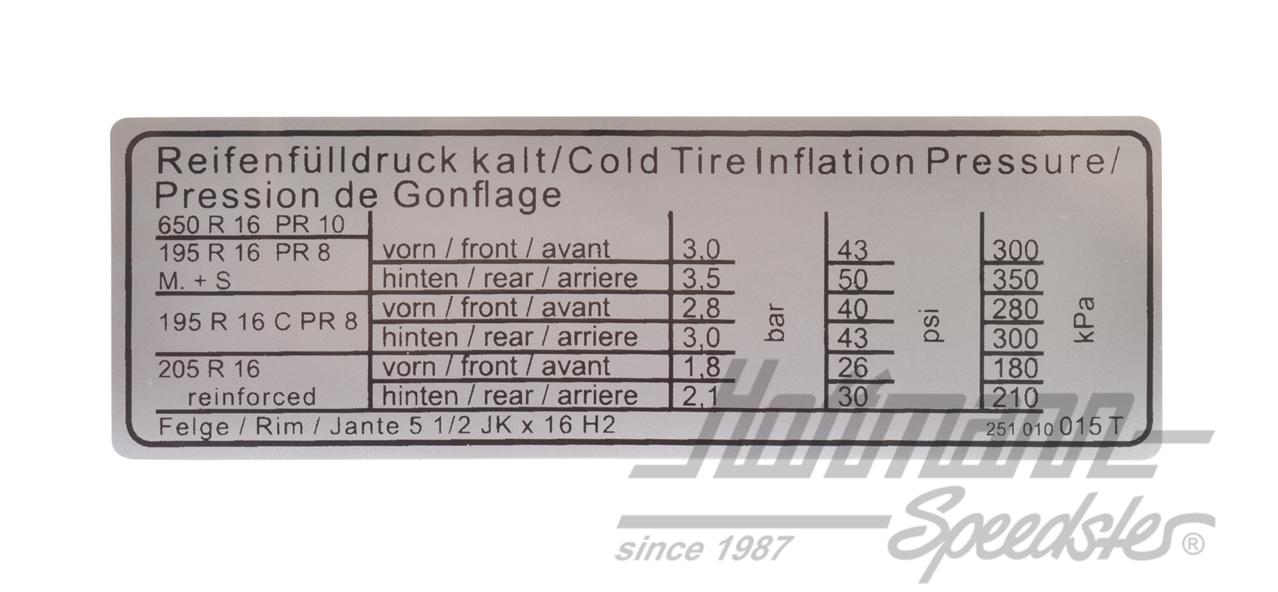 Pegatina "Reifendruck" (presión neumático), Furgoneta T3, 16" | 251 010 015 T | 021-0197-16